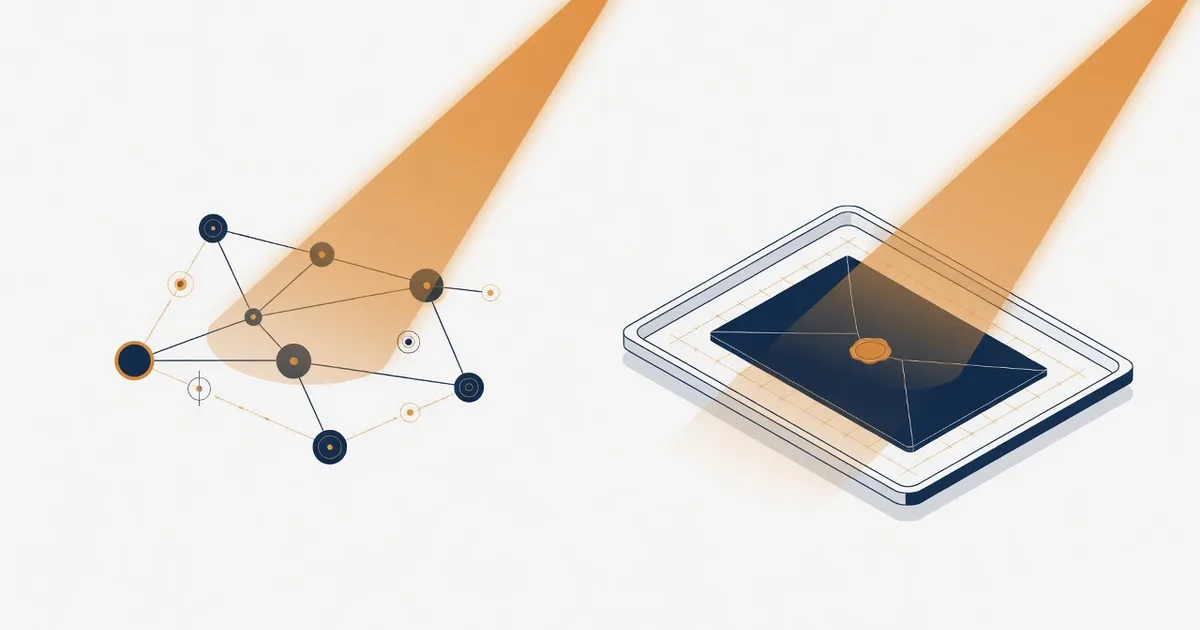 Two inspections side by side: a domain's records as a network under one beam of light, and a sealed envelope under another