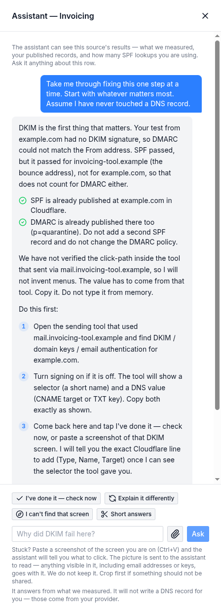 The Email Source Map assistant explaining why an invoicing tool failed and giving the first steps to fix it