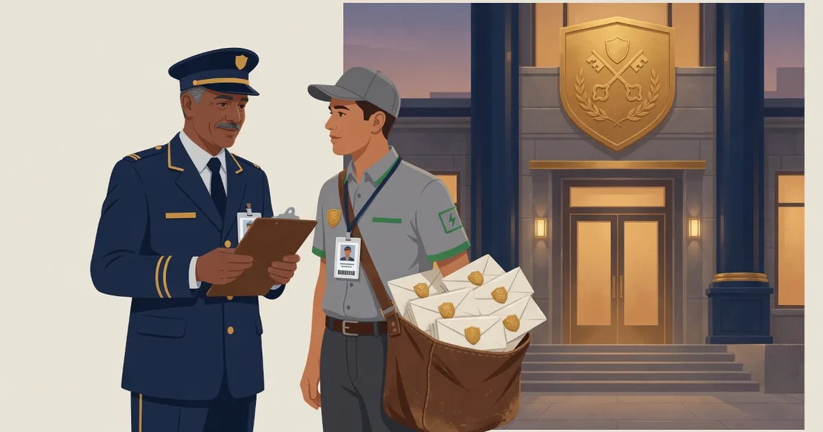 Un portier approuve le vrai badge d'un livreur, dont le sac déborde de lettres scellées aux armoiries de l'immeuble