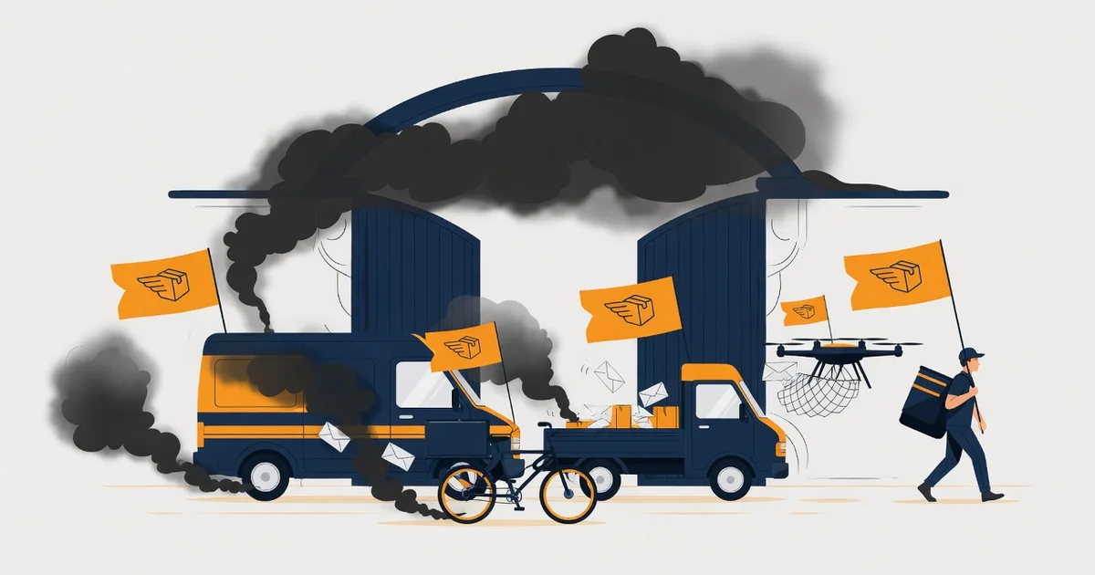 Five different couriers leave through the same company gate under the same flag. Two of them are smoking, and the cloud hangs over all of them.